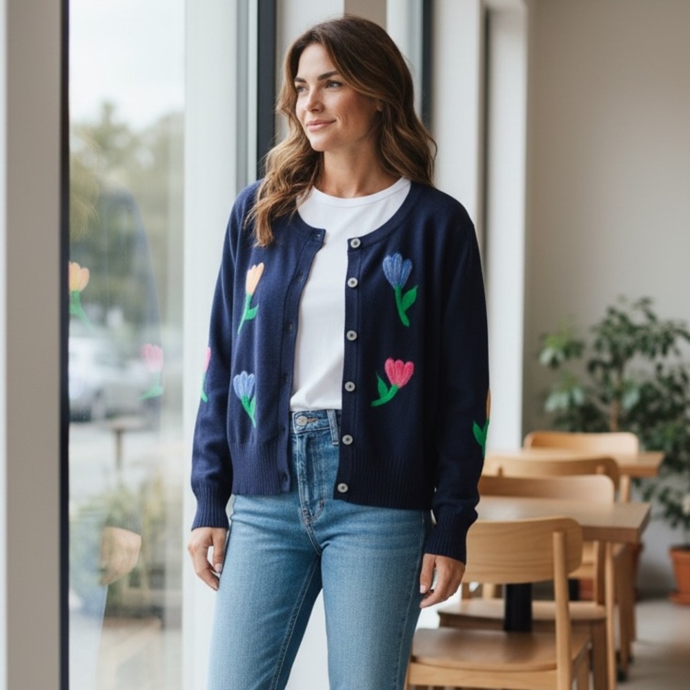 Aaeda Navy Cardigan Sweater Size Large Floral Ribbed Trim
Button Front - Picture 1 of 5